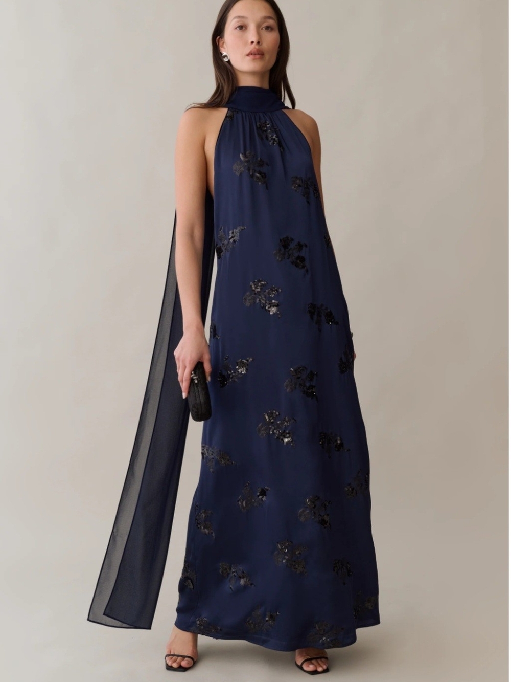 O.P.T. Halter Neck Navy Maxi Dress with Sequin Floral Accents